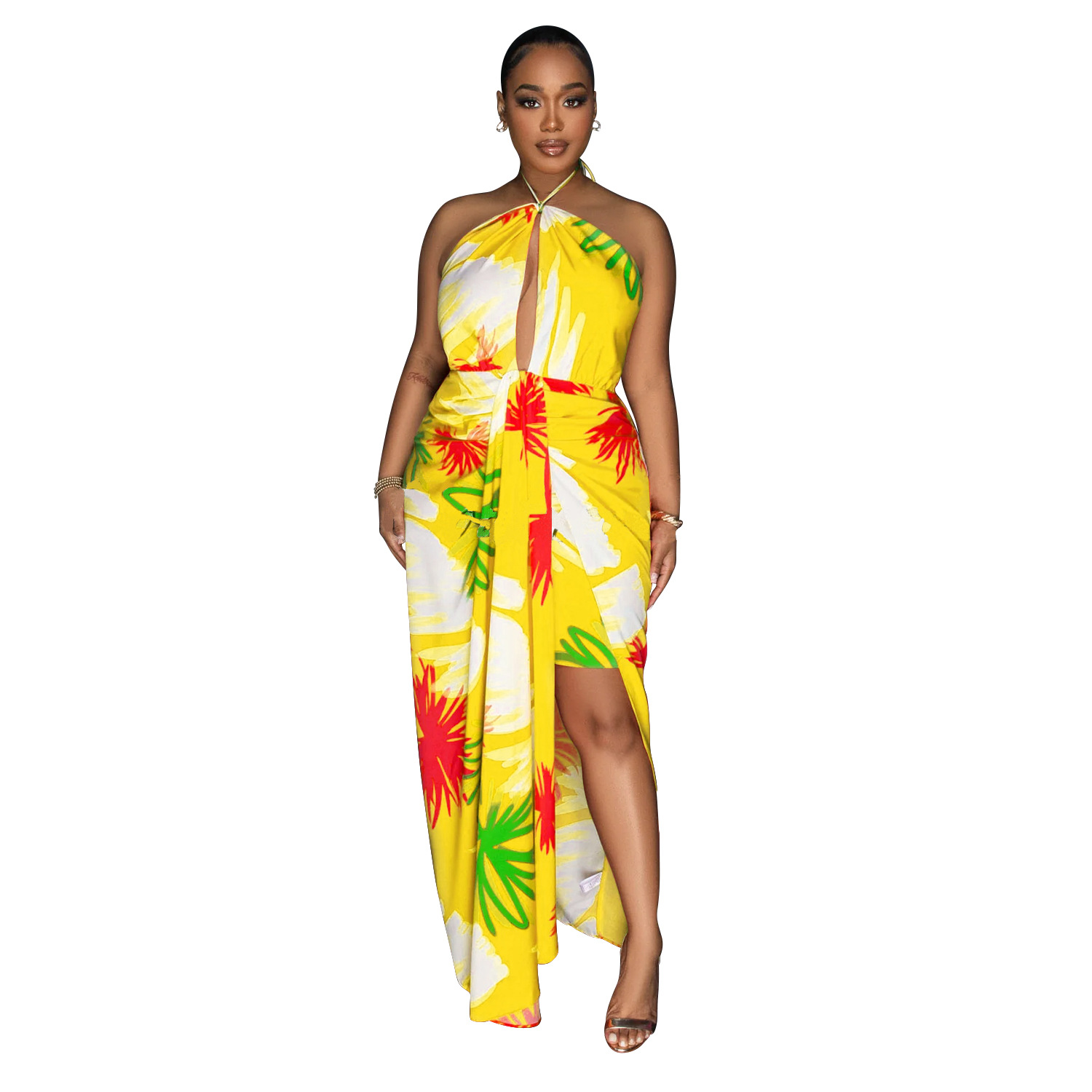 C6921 Aliexpress transfronterizo Amazon estación independiente de moda europea y americana ropa de mujer de espalda descubierta correa impresa vestido largo