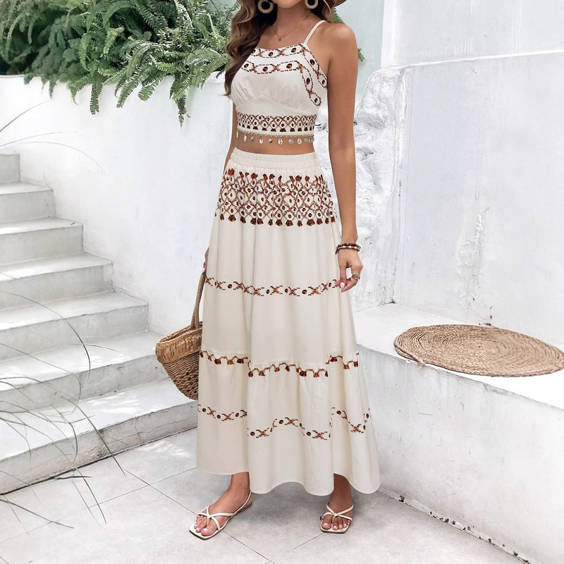 Bohemian Vacation Positioning Printed Beach Women's Suit Tassel Ribbon Strap Top Half Skirt Two-Piece Set Bohemian Vacation Positioning Printed Beach Women's Suit Tassel Ribbon Strap Top Half Skirt Two-Piece Set