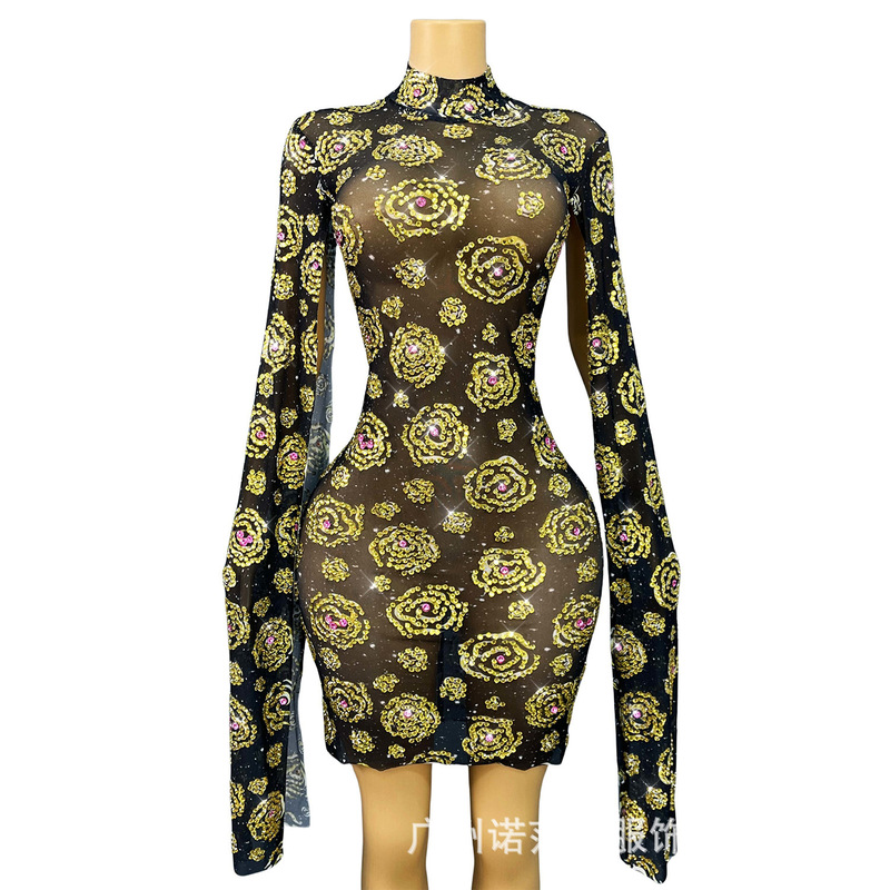 Overseas Black Sexy Mesh Gold Rose Pattern Rhinestone Short Skirt Bar Dj Dance Party Costume Party Dress Overseas Black Sexy Mesh Gold Rose Pattern Rhinestone Short Skirt Bar Dj Dance Party Costume Party Dress
