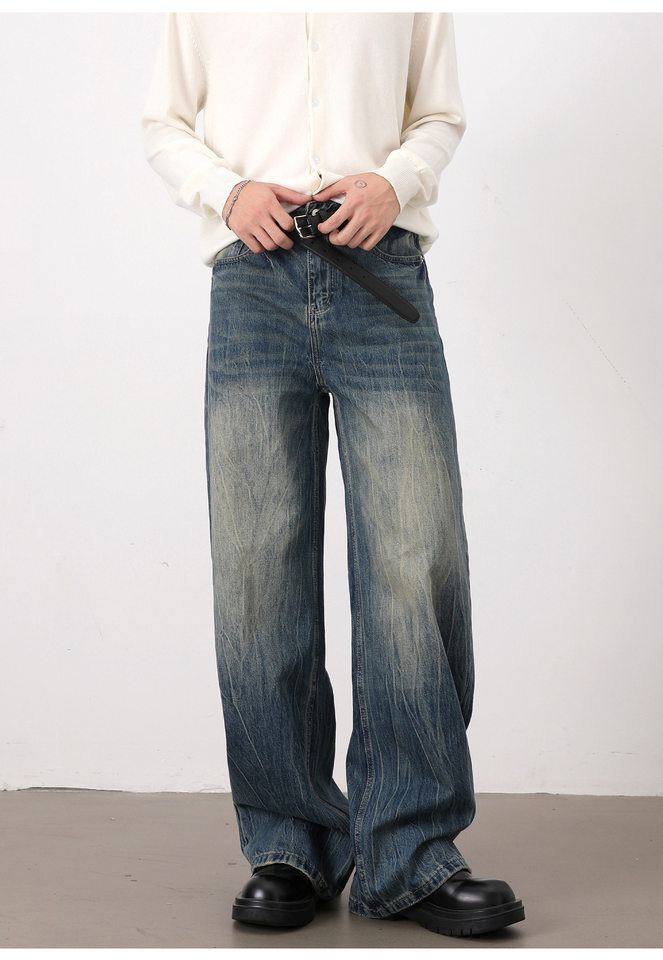 Quần jean nam ống rộng dáng suông màu xanh wash, râu mèo, phong cách đơn giản dễ phối đồ — Màu xanh dương chi tiết 15