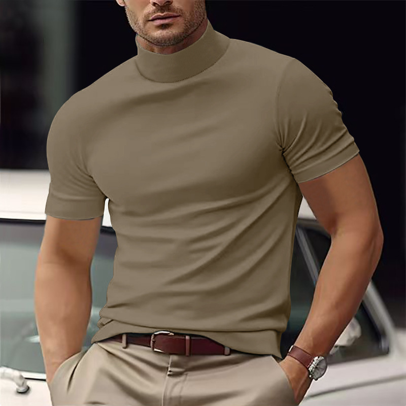 国境を越えたアマゾン夏の新型男性カジュアルtシャツ欧米ファッション半高襟修身純色シャツブーム|undefined