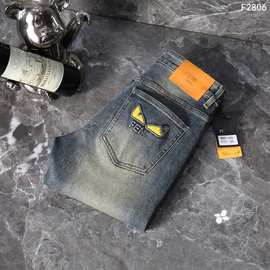 潮牌高端小怪兽眼睛牛仔裤男修身小直筒弹力潮牌休闲长裤精品欧货