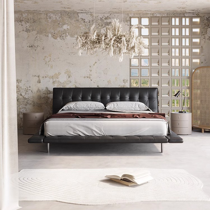 Cama de cuero minimalista italiana Villa de diseño 2 * 2m cama principal cama doble negra