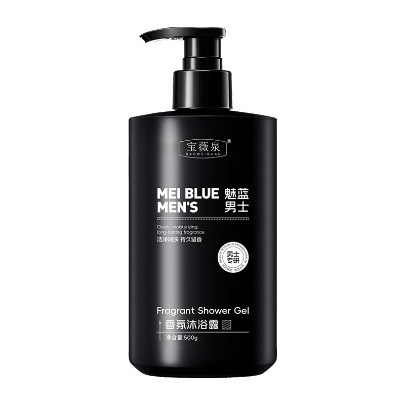 Baoweiquan Charm Blue Gel de ducha con fragancia para hombres Limpiar suavemente la piel del acné de la espalda Refrescante fabricante de gel de ducha hidratante