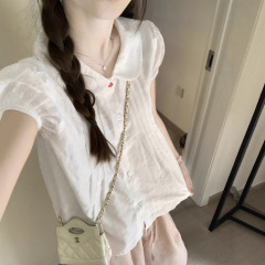 法式白色亚麻娃娃领短袖衬衫女夏薄款甜美减龄漂亮碎花娃娃衫上衣