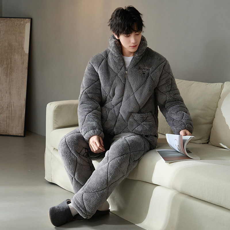 Pijamas de invierno caliente para hombres, tres capas de algodón intercalado, cuello vertical, manga larga, 2024 nuevo conjunto de ropa de hogar simple gris