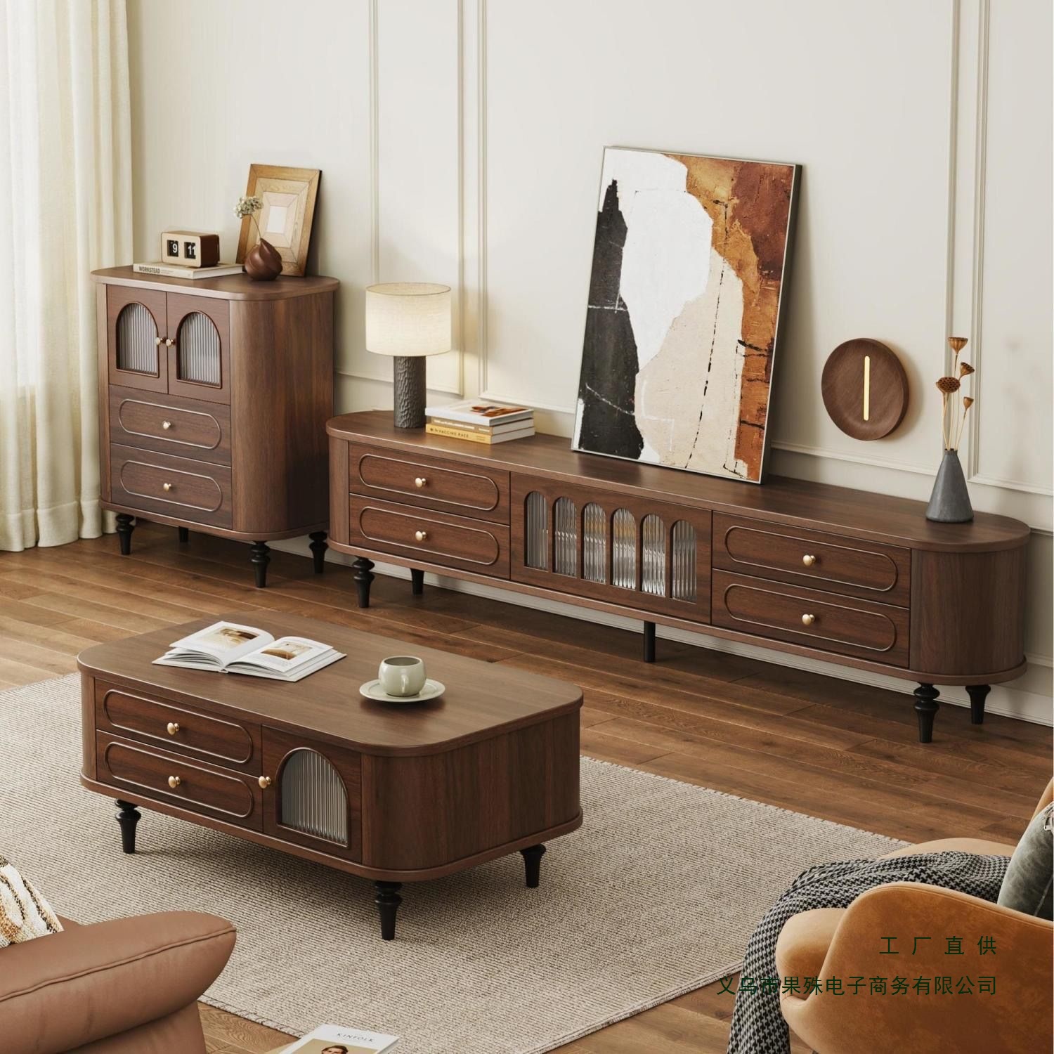French Mid-Century Style Coffee Table Tv Cabinet Combination Light Luxury Living Room Solid Wood Floor-Standing Storage Cabinet Home New Style