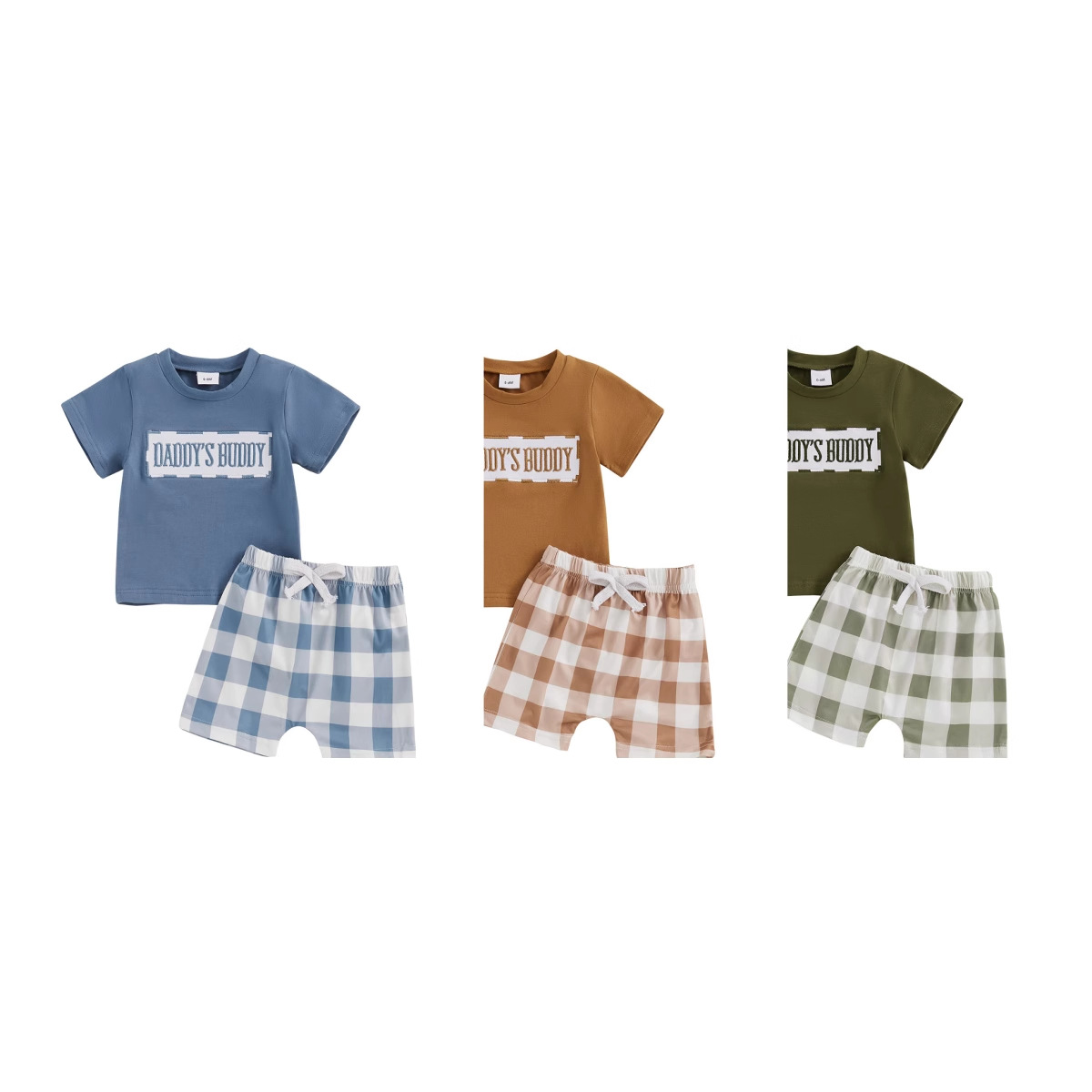 Daddy's Letter Embroider Boys Pure Color Short-Sleeved Top + Plaid Shorts Set