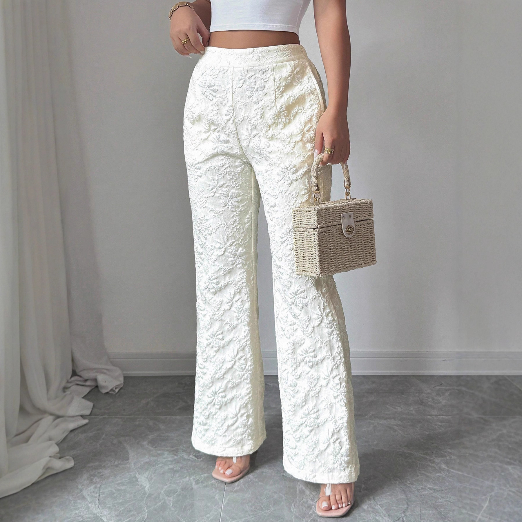 Cross-Border Women's Fashion Mid-Waist Trousers Women's Jacquard Casual Pants White French Three-Dimensional Flower Pants Women