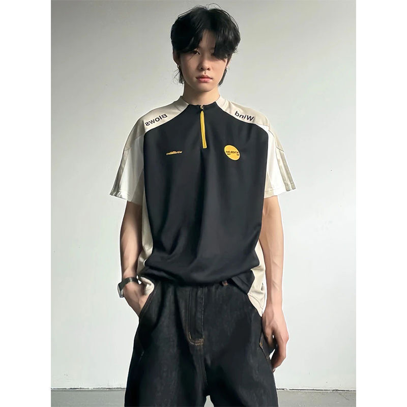 Summer Cool Quick-Drying American T-Shirt for Men and Women Half-Zip Contrasting Color Stitching Jersey Short-Sleeved Outdoor Sports Cycling Jersey