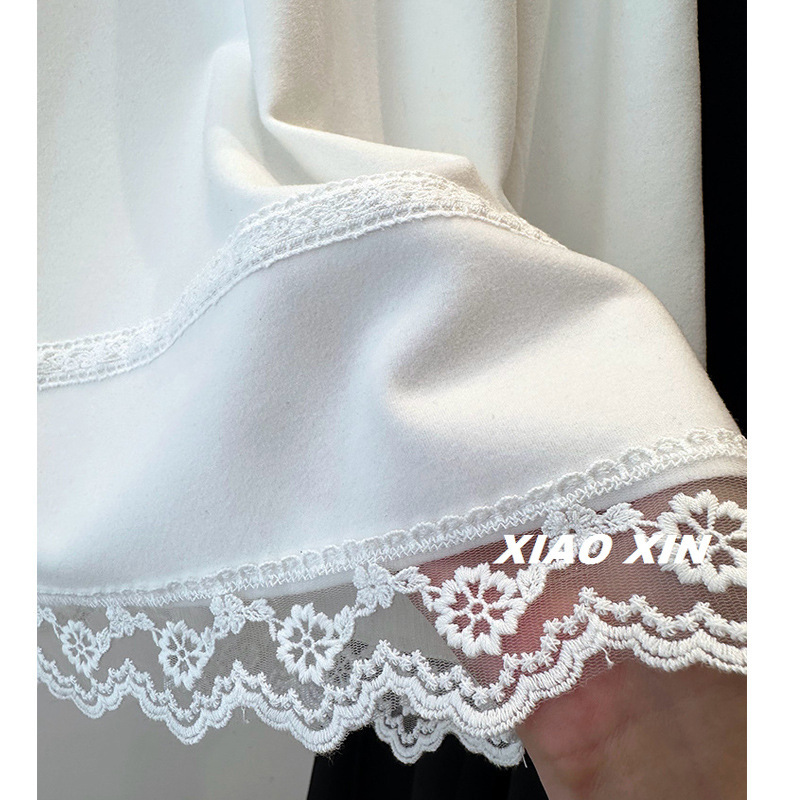 【胖妹妹】早秋长袖t恤女蕾丝花边下摆圆领宽松休闲慵懒风上衣服|undefined