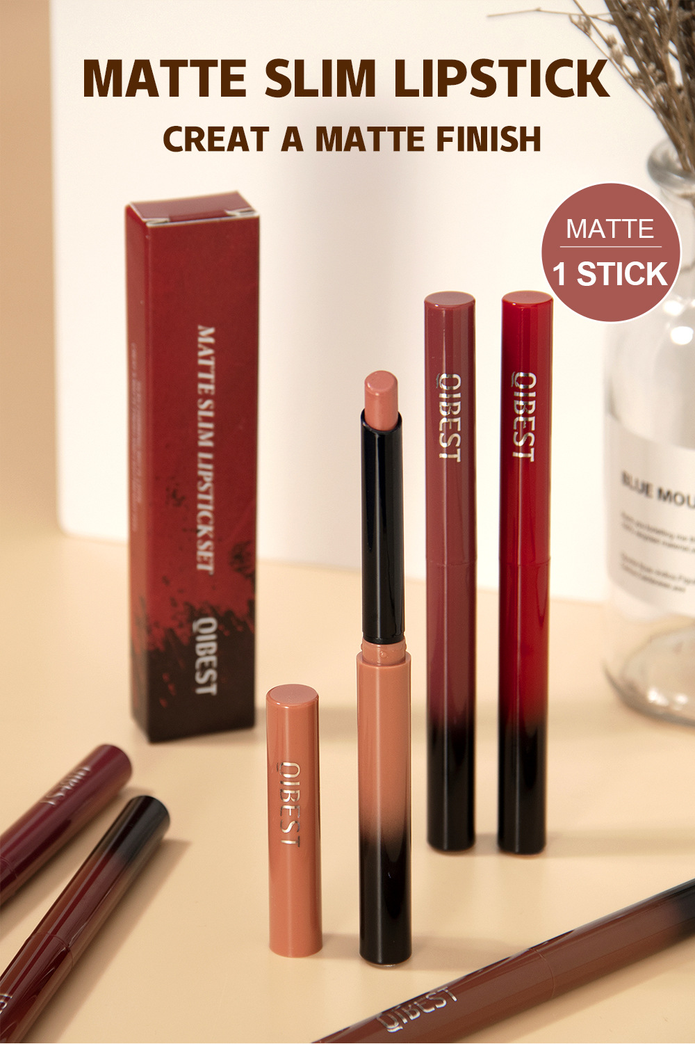 QIBEST Cross-border matte velvet matte lipstick does not stick to cups, does not fade, is easy to apply, moisturizes and lasts long, and is a lipstick for makeup details Picture