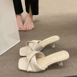 2023 New Summer Style Simple High-Heeled One-Word Sandals Cat Heel High-Heeled Shoes French Women's Outer Wear Half Slippers