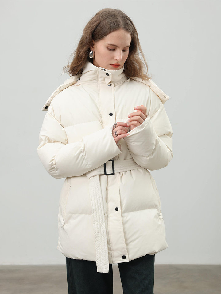 Áo khoác bông nữ có mũ, khóa kéo, thắt eo dáng ôm, dài trung bình, chất liệu polyester dày — màu nâu, màu đen, quả mơ chi tiết 56