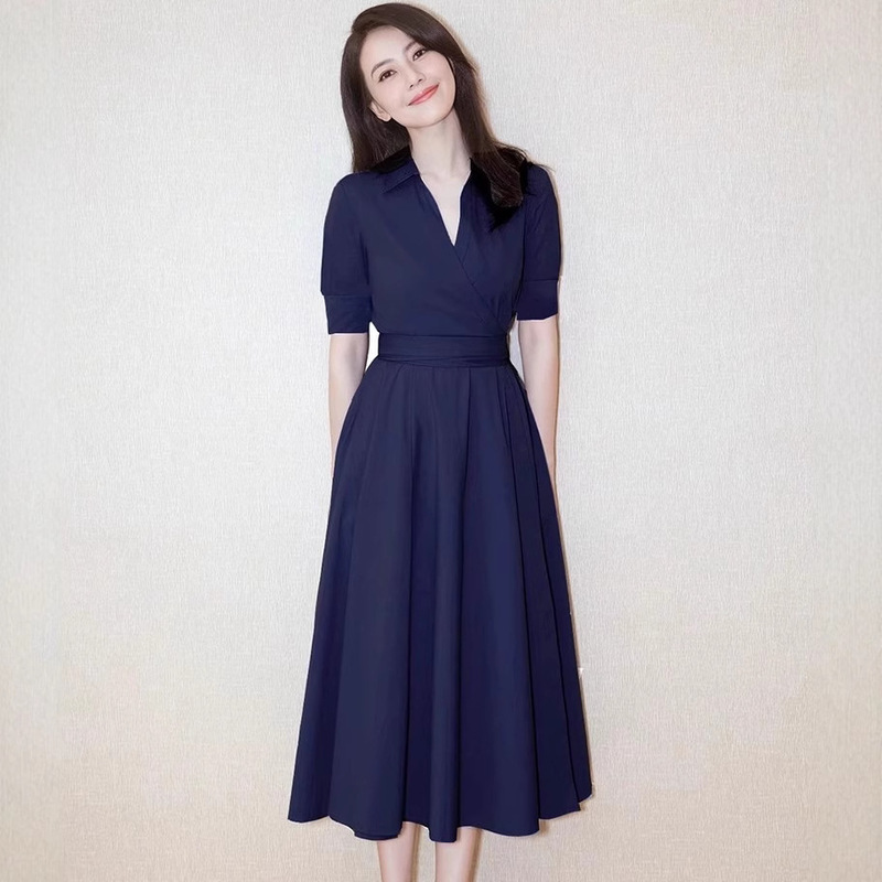 Gao Yuanyuan Star-style Hepburn-style French dress Mid-length Tight Waist Slimming Retro Goddess A- line Dress