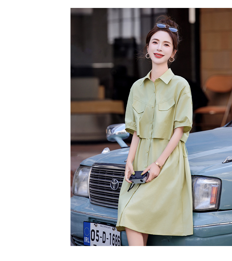 Váy sơ mi nữ tay ngắn thắt eo mùa hè 2025 tặng thắt lưng HF25836 — Màu xanh lam, Màu xanh lá chi tiết 23