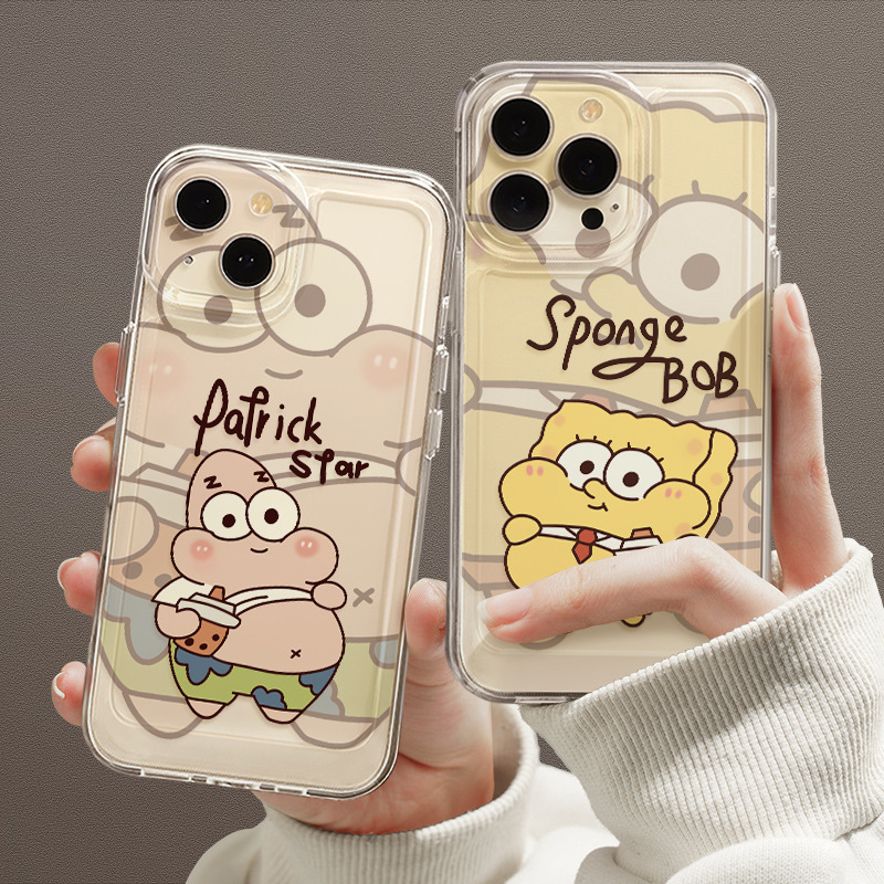 For Apple 16/15Pro Transparent Mobile Phone Case Simple 15Plus Strawberry Bear Stitch Cartoon Patrick