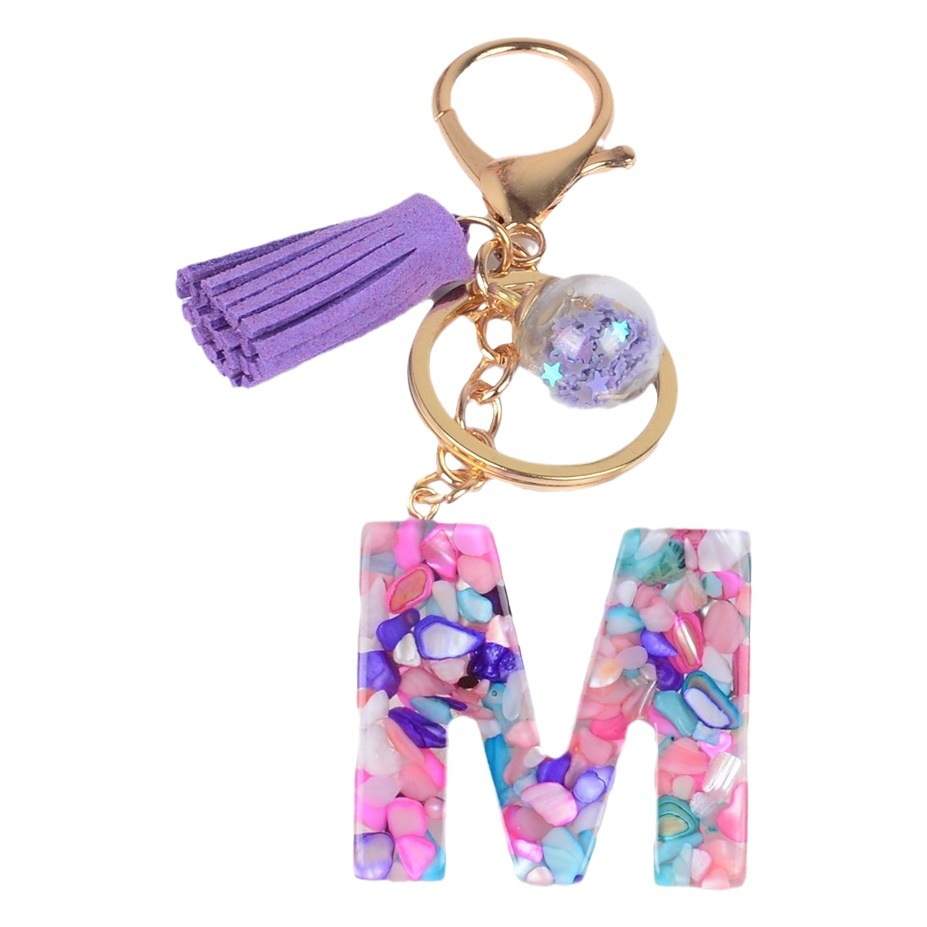Moda estilo europeo y americano 26 inglés letras llavero cristal epoxi color piedra letra borla colgante bolsa