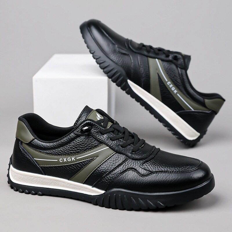 Giày thể thao nam da mềm đế mềm thoáng khí phối sọc, kiểu sneaker cổ thấp — màu trắng ngà, đen, Lớp đầu màu be 6002, Đen đầu lớp 6002