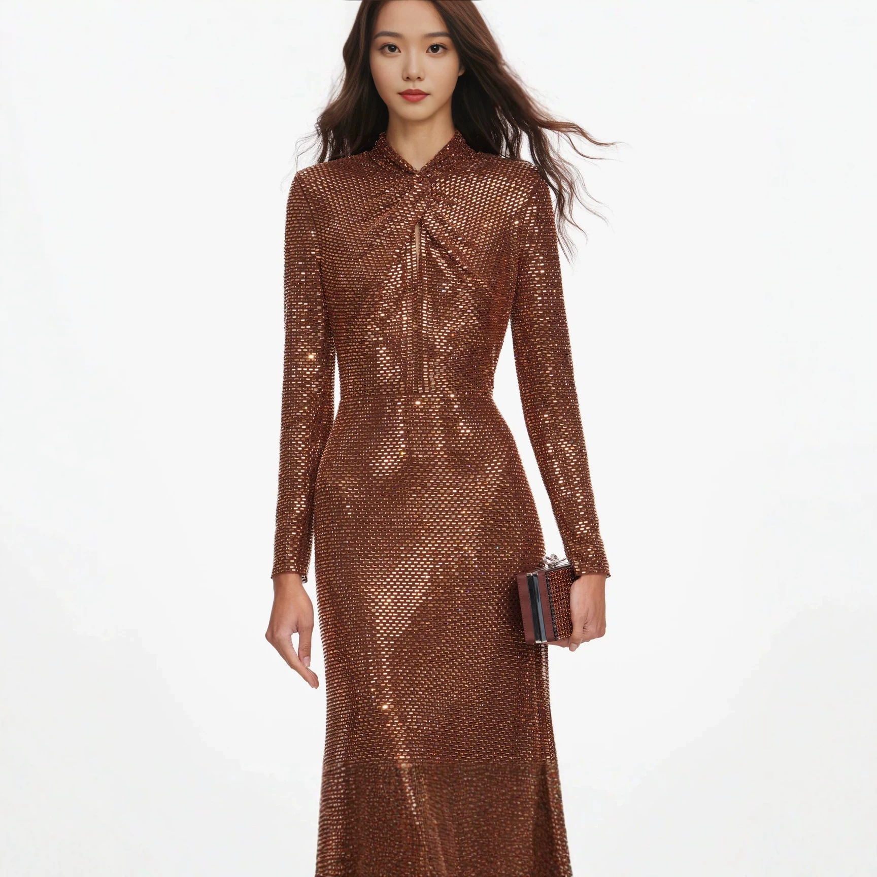 26 New Sexy Style Half-Turtleneck Long-Sleeve Women's Dress with Rhinestones, Slim-Fit, Figure-Flattering, and Body-Hugging, Perfect for Banquets and Formal Occasions