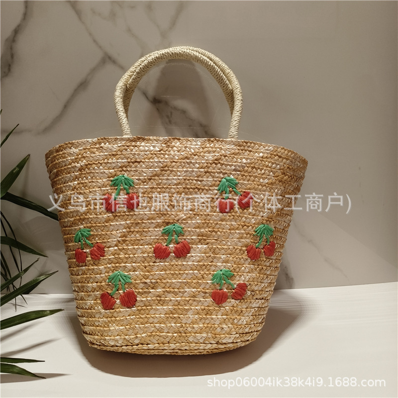 2027 Hand-Woven Straw Bag with Fresh Mango Embroidery, Straw Tote Bag, Large Capacity Shoulder Bag for Women