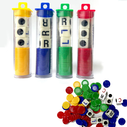 Cross-border hot selling left, center and right fun four-color game dice LCR game dice with chips in tube English version