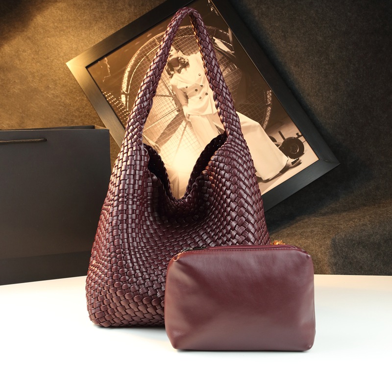Túi tote vải handmade dệt thủ công cỡ lớn kiểu giỏ mây, phong cách cổ điển — Màu đỏ rượu, Màu nâu, Màu xanh lục đậm, Màu xám đậm