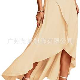 2022亚马逊欧美女式高低长裙不对称弹性高腰长款垂褶郁金香下摆裙