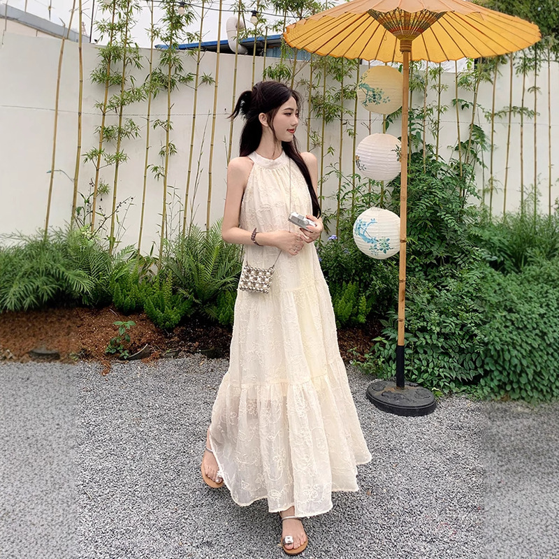 Beautiful Neck French Shoulder dress Women's Summer 2025 New Sleeveless Tea Break Seaside Vacation Long Skirt Beautiful Neck French Shoulder dress Women's Summer 2025 New Sleeveless Tea Break Seaside Vacation Long Skirt