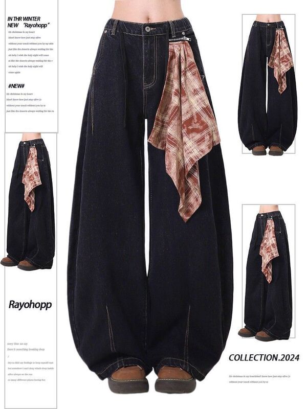 American Retro Scimitar Jeans for Men and Women 2025 Spring and Autumn New Street Style Color-Blocked Square Scarf Loose Wide-Leg Pants Trendy