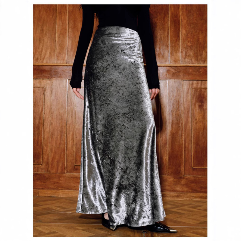 Elastic Waist High-End Velvet Long A-Line Skirt Retro High-Waisted Straight Skirt Women's Autumn and Winter Elegant Long Skirt Elastic Waist High-End Velvet Long A-Line Skirt Retro High-Waisted Straight Skirt Women's Autumn and Winter Elegant Long Skirt