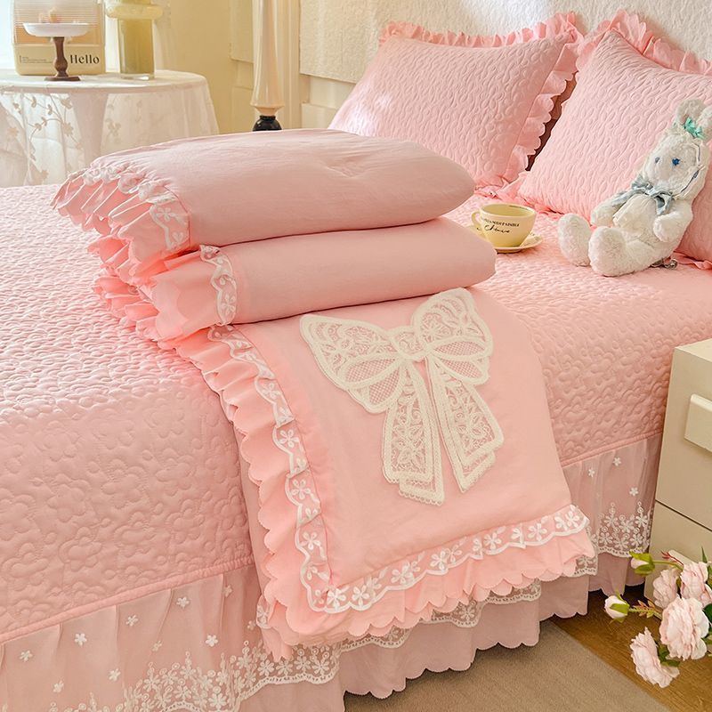A类浪漫蝴蝶结夏凉被夹棉床盖四件套可机洗三件套蕾丝空调薄被子