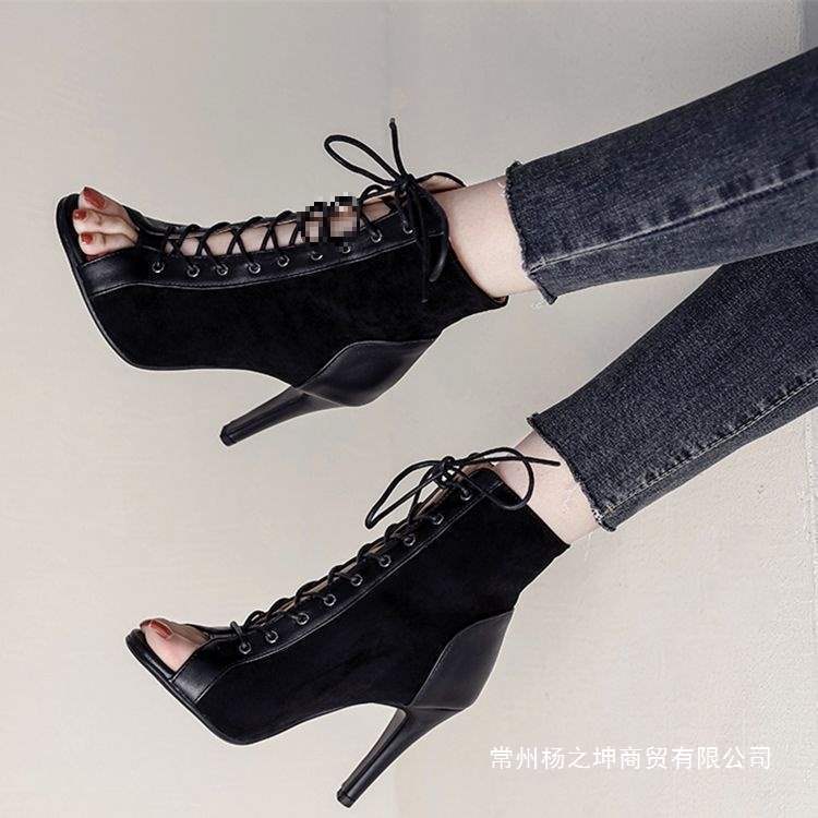 Heels Dance Shoes Jazz Jazz Dance High Heels Women's Dance Shoes Fish Mouth Thin Heel Short Boots Lace-Up Sandals Large Size