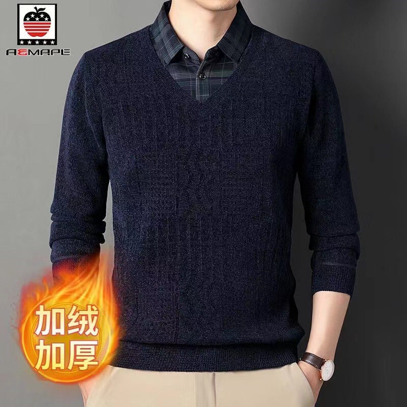 Winter Faux Two-Piece Chenille Sweater Men's Shirt Collar Base Shirt with Fleece Thickened Warm Dad Top