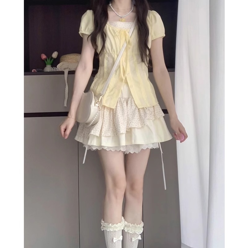 부드럽고 달콤한 소녀의 우아한 의상 정장 스커트 여성 여름 휴가 투피스 허리 셔츠 꽃무늬 플리츠 짧은 스커트 투피스 세트