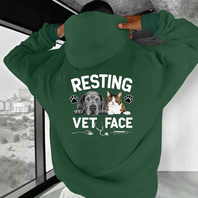 RESTING VET FACE printed hoodie for cats and dogs, cute and fun professional meme loose-fitting pullover hat