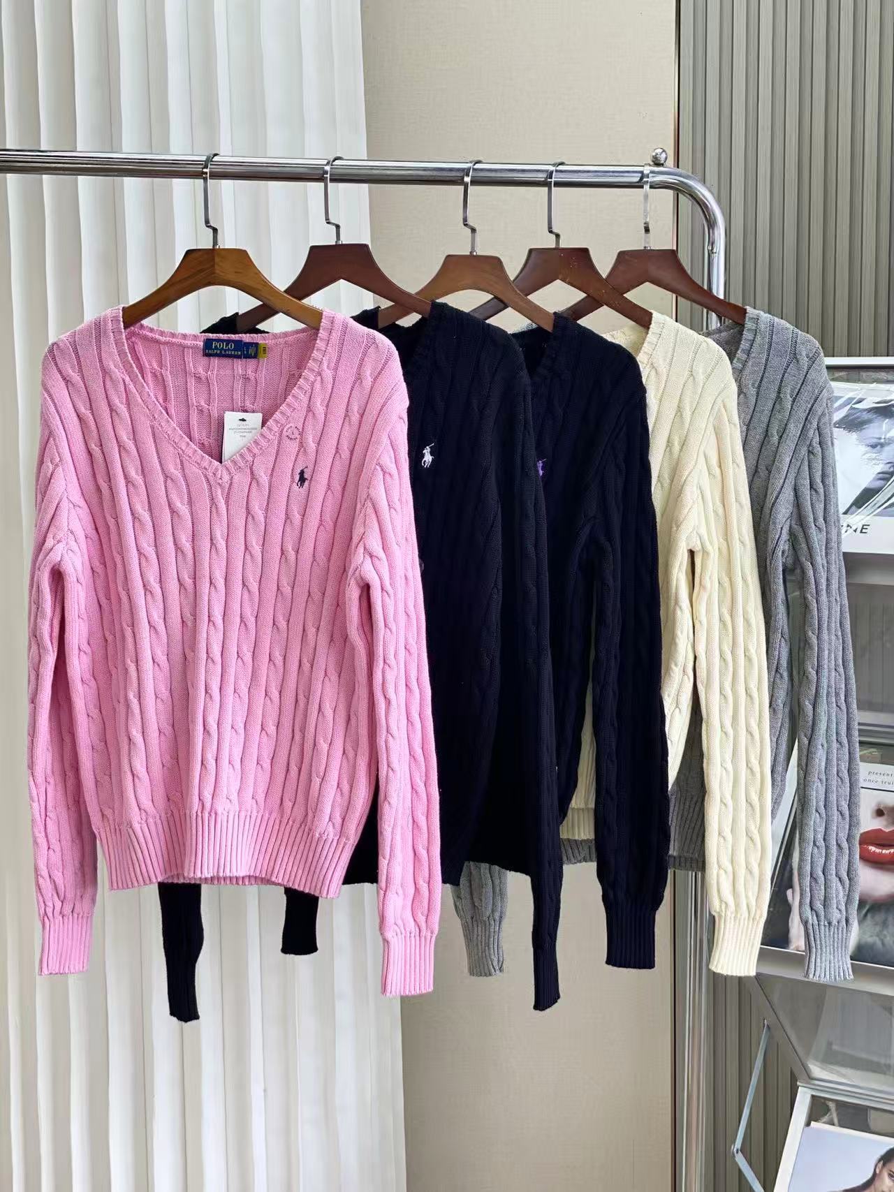High-quality new RL pony logo V-neck 100% cotton cable knit women's pure cotton sweater