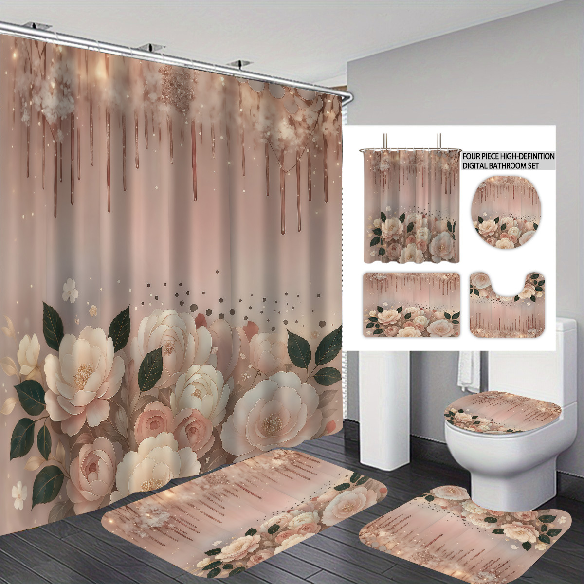Agente de poliéster Mei Ke más cortina de baño impermeable serie de agua floral 3D impresión digital cortina de baño cuatro piezas alfombra absorbente