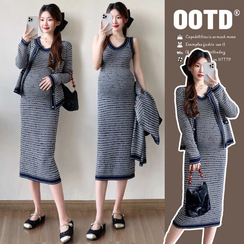 New Arrivals for Spring and Autumn: Elegant Casual Style Striped Cardigan + Knitted Slip Dress Maternity Set for Autumn and Winter