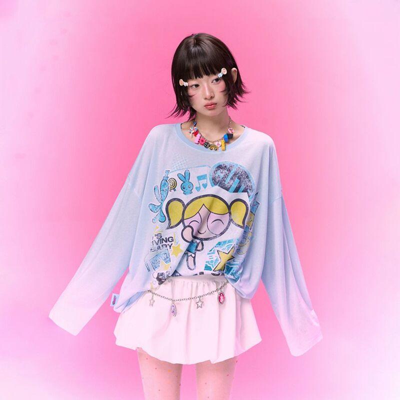 Powerpuff Girls Cartoon Print American-Style Long-Sleeved T-Shirt Round Neck Loose Sun Protection Summer Cover-Up Casual Delivery
