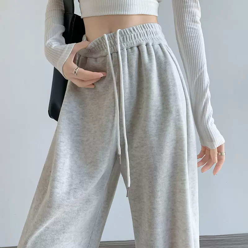 美式运动裤女秋冬加绒加厚高腰显瘦两穿休闲阔腿裤百搭抽绳卫裤子