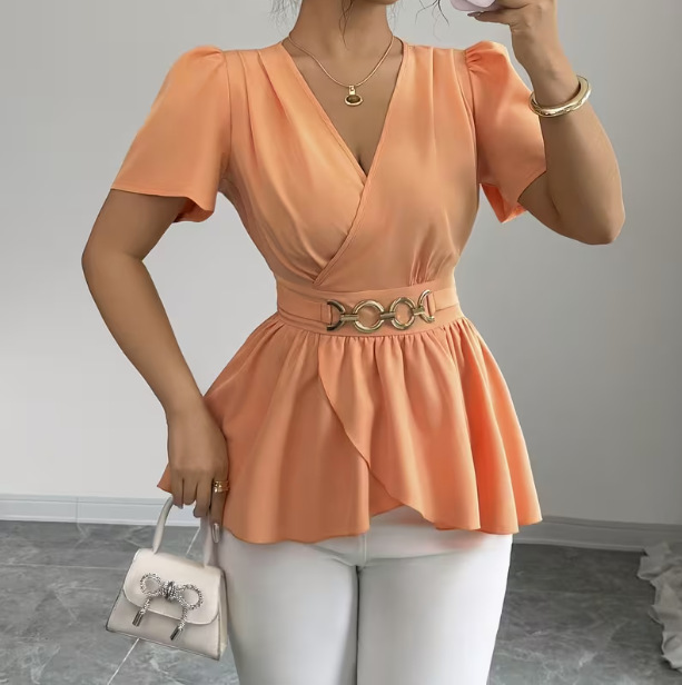 Chemisier luxueux en satin acétate pour femme, col en V, grande taille, ceinture à la taille, effet ventre plat, style estival haut de gamme, blouse décontractée_voghion.com