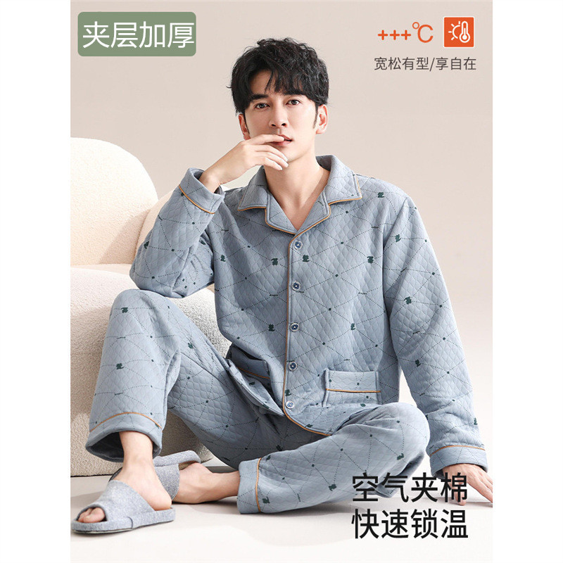 Men's Pajamas Autumn and Winter Air Cotton Thickened Warm Middle-Aged Dad Suit Can Be Worn Outside Home Clothes