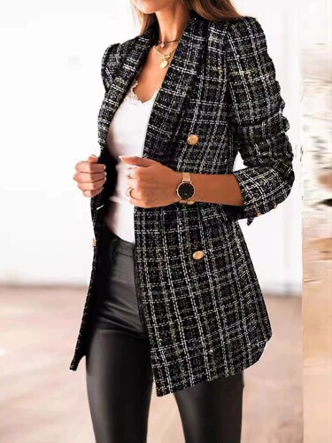 2025 Independent Station Wish Amazon Autumn/Winter Long Sleeve Double Breasted Suit Collar Slim Fit Plaid Small Coat Elegant