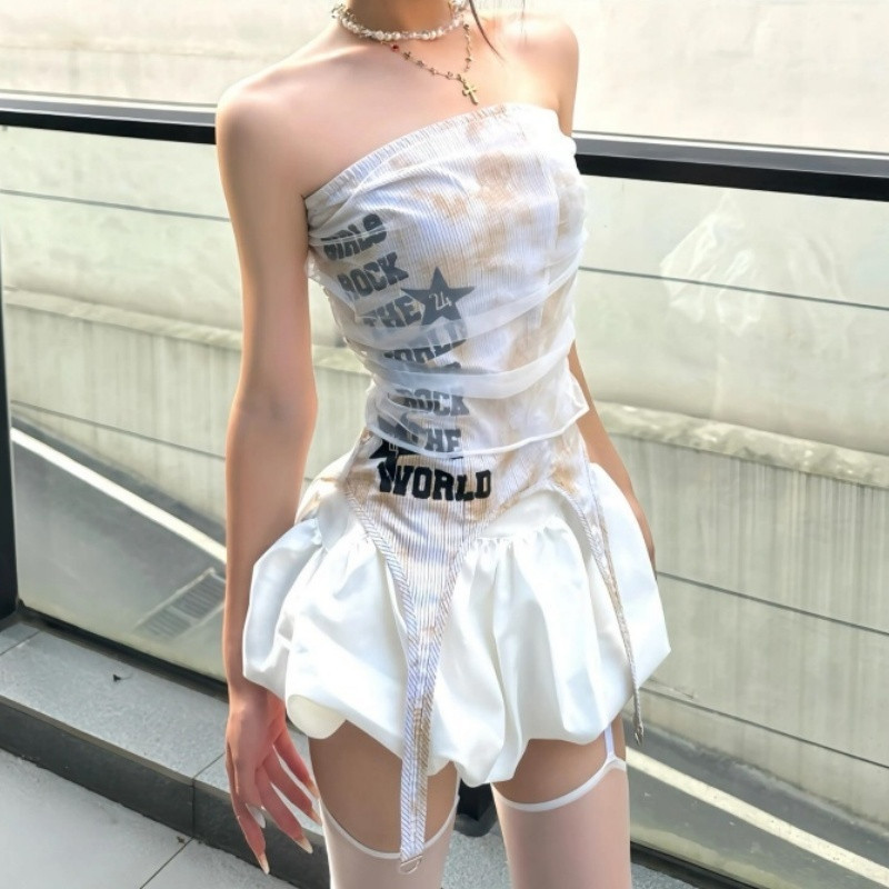 Uniquedesign美式辣妹脏脏网纱印花抹胸上衣女百搭蓬蓬短裙裙套装|undefined