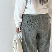 现/ae*e竖条纹翅膀刺绣宽松直筒长裤腰头拼接抽绳休闲裤