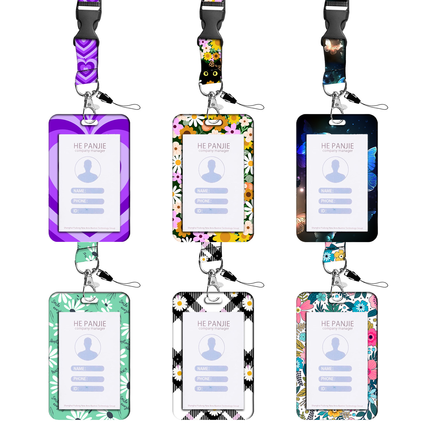 Amor gato negro mariposa flor impresión en color retráctil fácil tire hebilla teléfono móvil ID hebilla cordón titular de la tarjeta