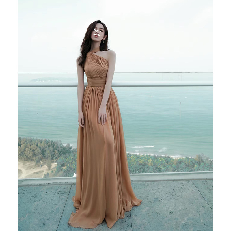 Goddess Pleated Off-Shoulder Halterneck Backless Waist A-Line Skirt Sexy Slimming Look Banquet Evening Dress Long Dress