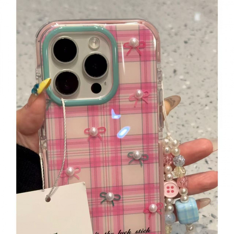 クリエイティブなピンクと白のチェック柄の立体ビーズリボンリボン iphone16promax apple 15 携帯電話ケースに適しています|undefined