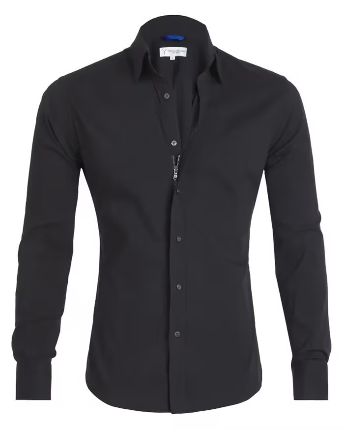 Men's zippered shirt hidden fake button Oxford elastic cotton zipper lining_voghion.com